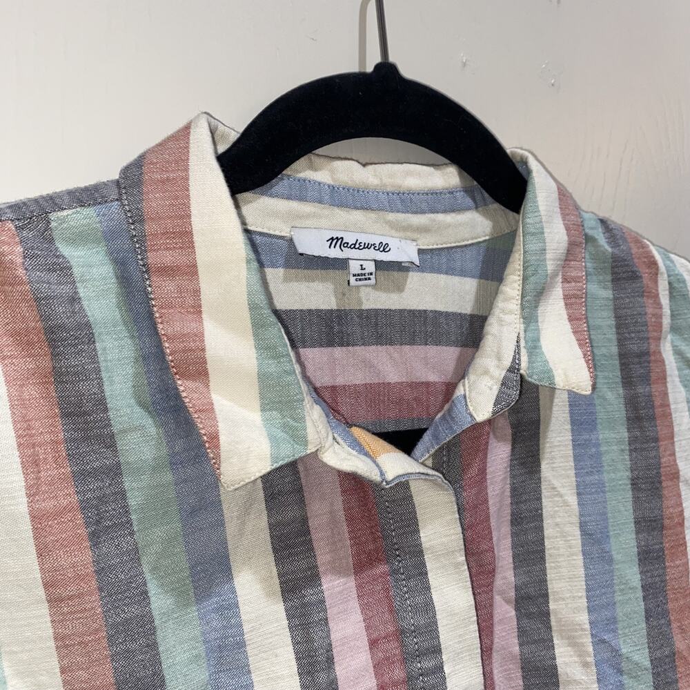 MADEWELL Sz L Hilltop Button Up Short Sleeve Shirt Rainbow Stripe Cotton Blend - Picture 4 of 7